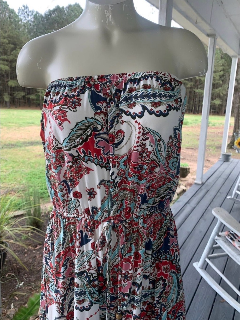 bebe Strapless Maxi Dress in Red, Blue & White Paisley - Picture 2 of 4